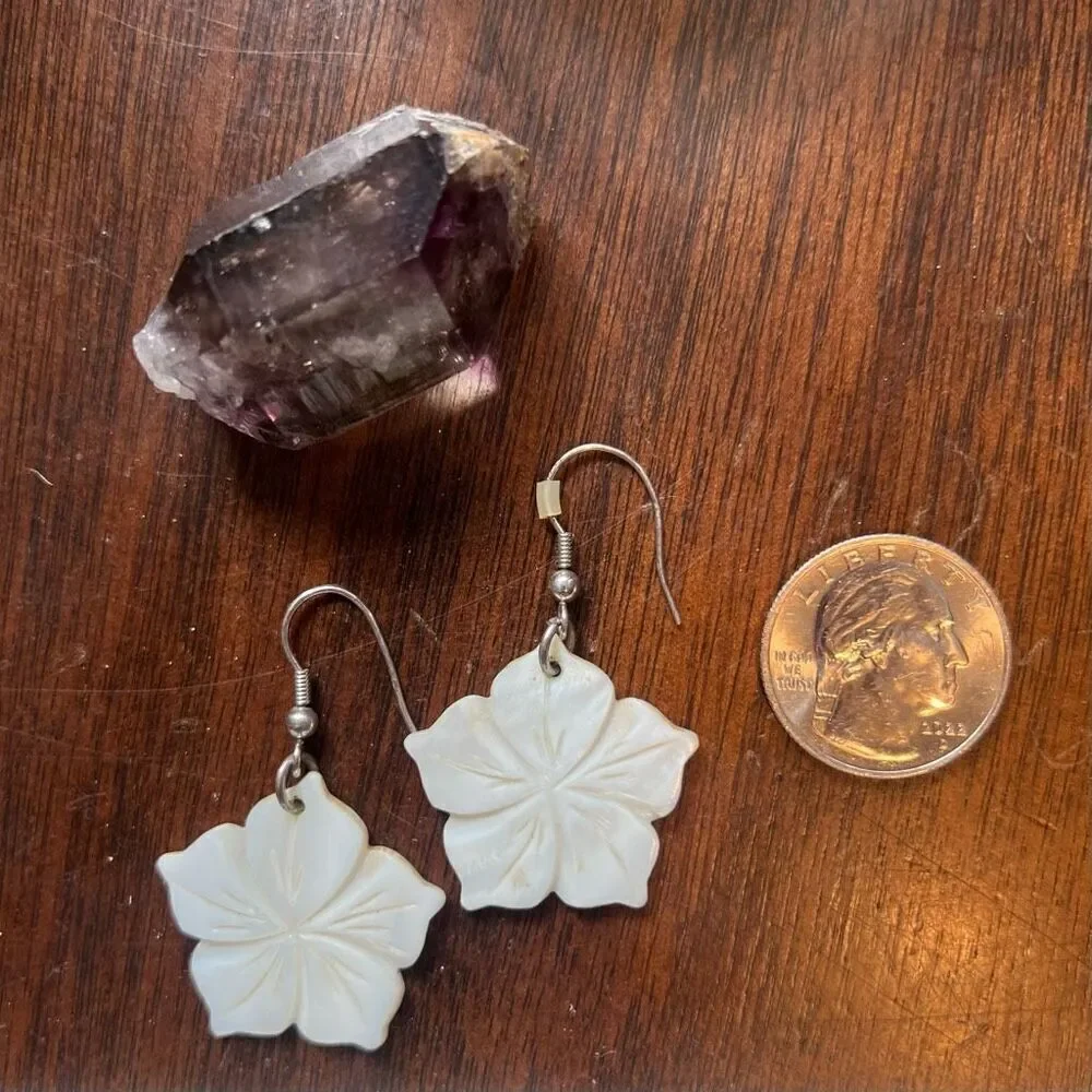 Ivory Shell Carved Hibiscus Drop Earrings